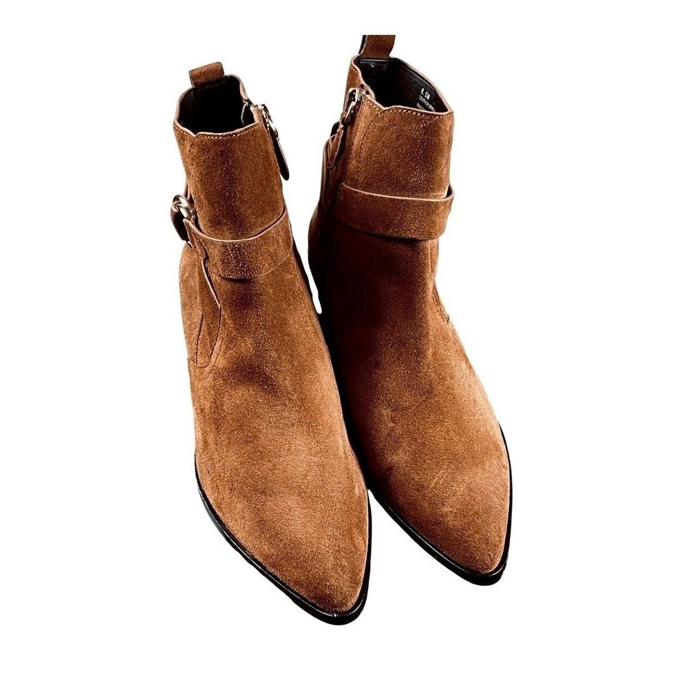 Rebecca Minkoff Suede Ankle Boots Women 8.5M Brown Good Western Buckle Pointed - Picture 4 of 15